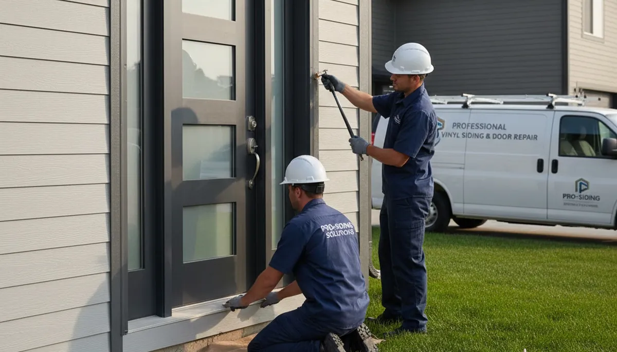 Technician repairing vinyl door frame on home exterior in Cincinnati, OH