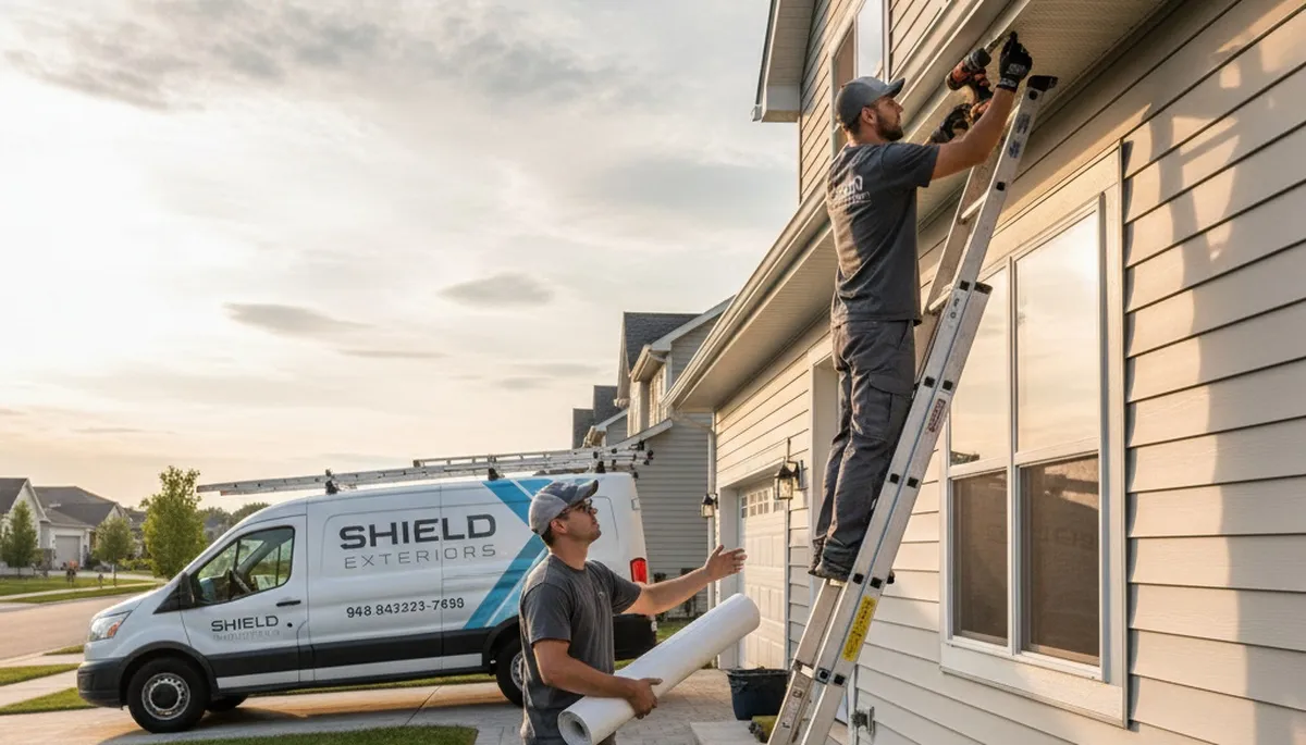 Technician repairing house gutters and vinyl siding in Cincinnati, OH for Next Level Exteriors
