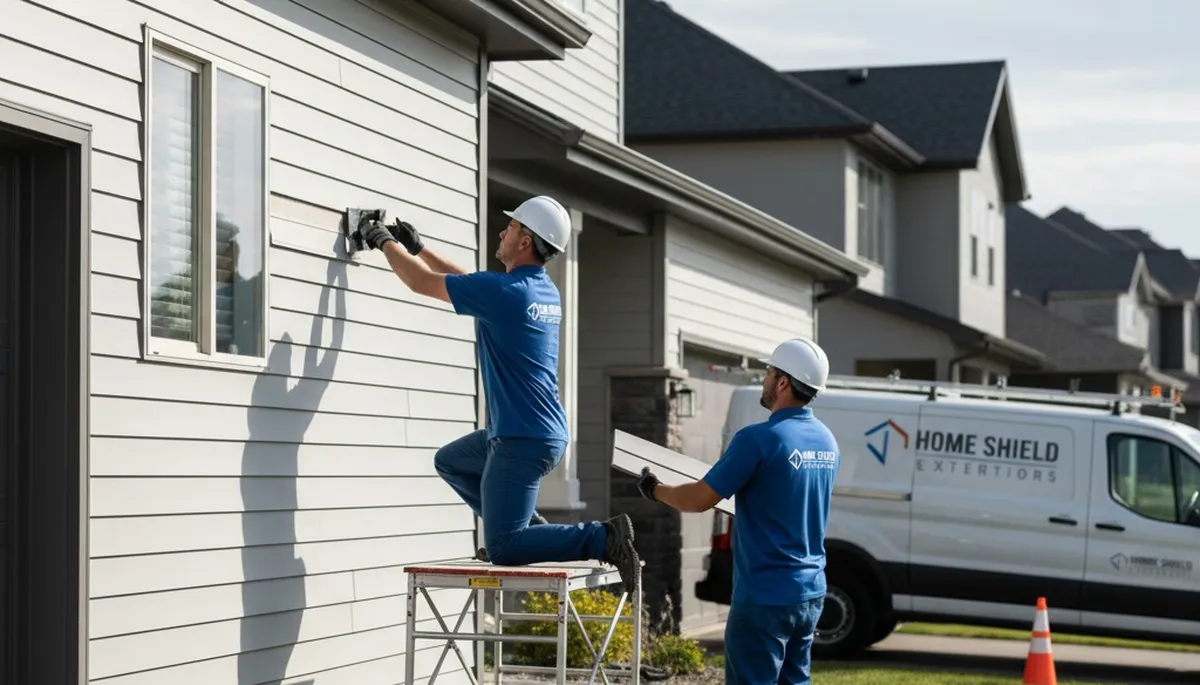 Technician repairing vinyl siding on home exterior in Cincinnati, OH